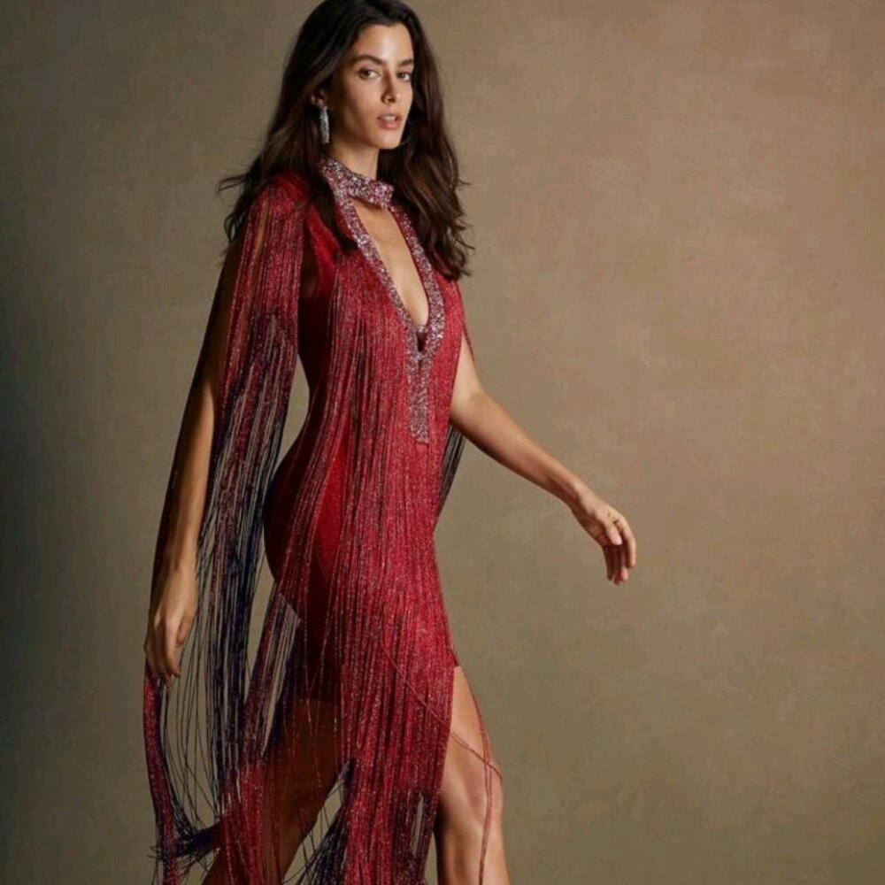 Anewsta Red Bodycon embellished fringe dress large